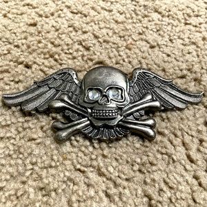 Winged Skull and Cross Bones Metal Belt Buckle with Crystal Gem Eyes